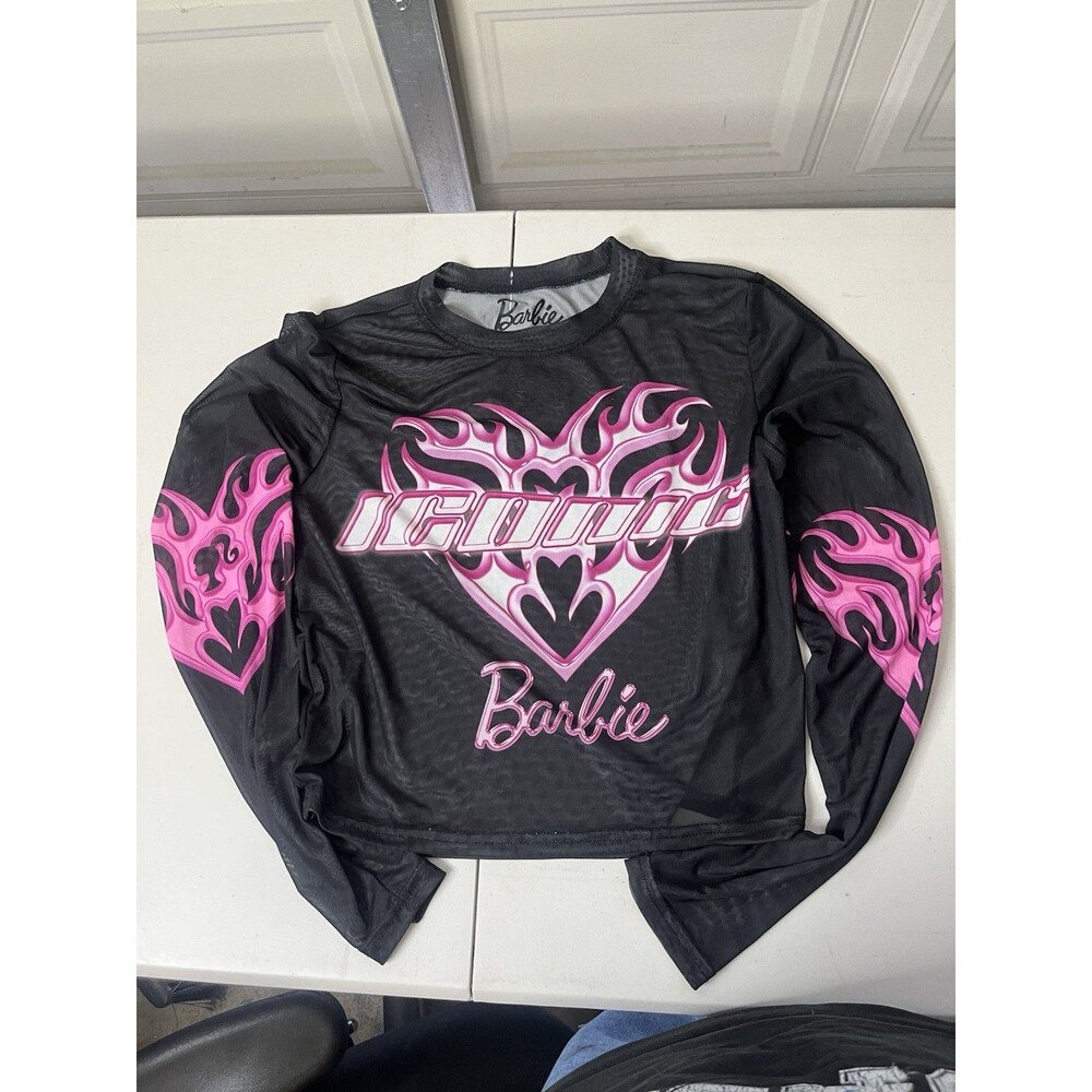 Barbie Iconic Crop Top Shirt Womens Large Black Sheer Mesh Pink Flame Grunge